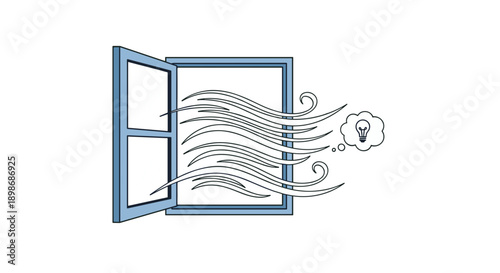Open Window Breeze Vector: Fresh Air, Inspiration & Ventilation Concept. Idea Lightbulb Think Bubble Isolated on transparent background. Conceptual Business Solutions Design.