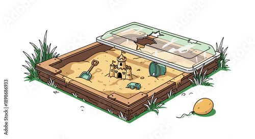 Sad Sandbox Scene: Abandoned Sandcastle, Broken Lid, and Lost Balloon - Childhood Memories Concept, Isolated on transparent background - Vector Illustration