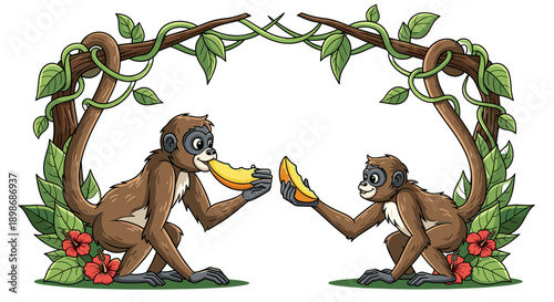 Cute Monkeys Sharing Melon Vector Illustration - Playful Tropical Jungle Animals, Cartoon Style, Friendly, Isolated on transparent background, Stock Image