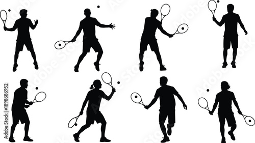 Vector, black, silhouette, illustration, set, of, various, tennis, players, in, action, with, rackets, and, balls, for, sports, fitness, competition, and, athletic, training, tournament, design