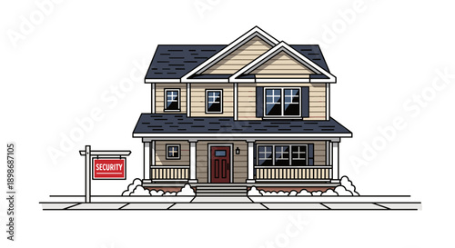 Home Security System Concept Vector Illustration, Suburban House with Security Sign in Yard, Peace of Mind, Isolated on Transparent Background