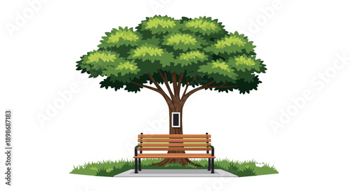 Lonely Bench Under Tree Illustration, Isolated on Transparent Background. Minimalist Nature Scene. Vector Park Bench for Relaxation, Peace, and Summer Landscape Design