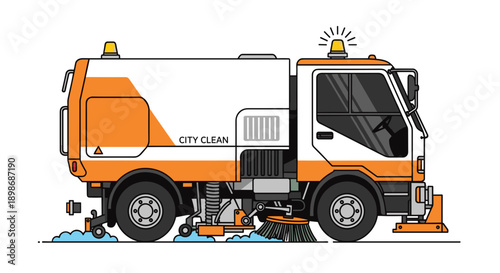 Street Sweeper Truck Vector Illustration: City Cleaning Service Vehicle for Urban Hygiene, Municipal Maintenance, Isolated on Transparent Background, Commercial Use