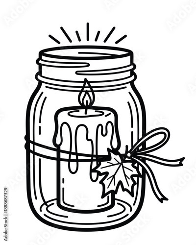 Autumn decorative candle vector inside mason jar with maple leaf and ribbon element