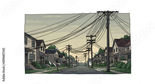 Cartoon Suburban Street Scene with Power Lines, Vector Illustration. American Dream Concept, Community, Isolated on transparent background. Animated Town Design.