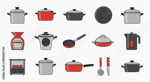 Collection of various kitchen utensils and cookware displayed in a grid arrangement from a straightforward viewpoint