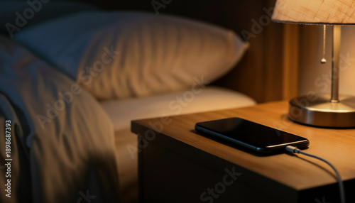 Phone charging on nightstand symbolizing rest and digital routine