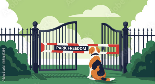 Dog Yearning for Park Freedom, Sad Pet Behind Closed Gate, Isolated on Transparent Background. Concept of Restriction, Barrier to Joy, Symbol of Longing