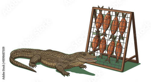 Hungry Crocodile Staring at Grilled Fish Illustration, Cartoon Predator Isolated on Transparent Background, Food Temptation, Wild Animal, Funny Graphic