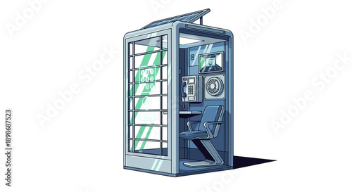 Futuristic Phone Booth Illustration: Modern Metallic Telecommunications Kiosk with Digital Interface and Solar Panel, Convenient and Isolated on transparent background.