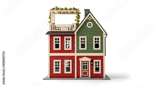 Charming miniature red and green two-story house with balcony