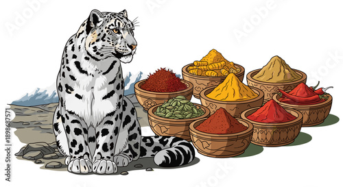 Snow Leopard with Spices: Culinary Fusion, Exotic Cuisine Concept, Traditional Flavors, Himalayan Wildlife, Vector Illustration, Isolated on Transparent Background.