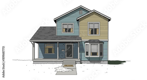 Suburban House Cartoon Vector, Blue & Yellow Two-Story Home Illustration - Dream House Design, Isolated on transparent background for architectural projects