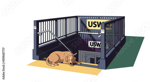 Sad Dog Waiting at Subway Entrance, Loneliness and Abandonment Concept - Vector Illustration isolated on transparent background. Pet in Urban Environment Stock Image.