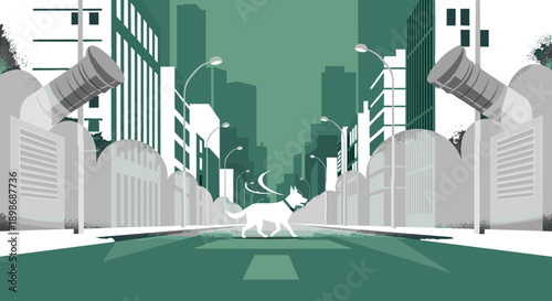 Lonely Dog Crossing City Street, Vector Illustration. Pet's Solitude and Urban Life Theme. Stylized Silhouette isolated on transparent background. Modern Design, Depressive Atmosphere.