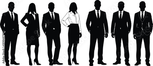 Row of corporate business people silhouettes with one unique female figure standing out in white style isolated on white background for human resources