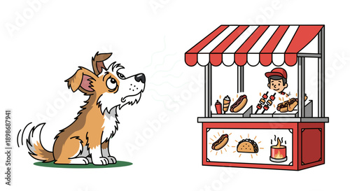 Cartoon Dog Sniffing Tempting Hot Dogs at Food Stand, Vector Illustration of Hungry Pet Smelling Delicious Street Food isolated on transparent background for commercial use.