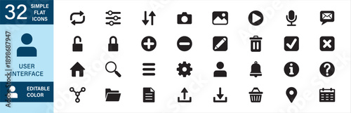 User interface icon set in simple flat design. Web essential user interface icons. Contain symbol of home, search, menu, setting, user, account, notification, delete, help, edit, sort, file, share.