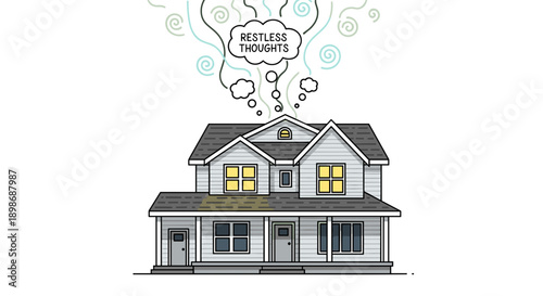 Worried Homeowner: House with Restless Thoughts, Conceptual Illustration for Anxiety & Stress, Mental Health, Vector Design, Isolated on transparent background.