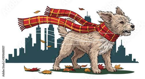 Cartoon Dog in Scarf Walking Against Wind, Autumn Leaves Blowing, Isolated on transparent background. Windy City illustration for seasonal designs and advertising.