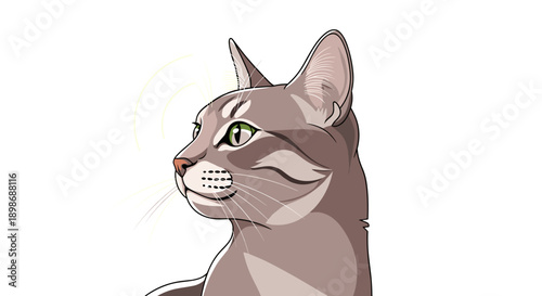 Gray Striped Cat Vector Illustration: Cute Pet Animal Portrait, Listening Attentively, Profile View, Isolated on transparent background, Artistic Style, Domestic Feline