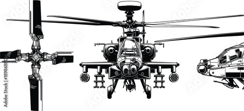 Detailed military attack helicopter vector illustration featuring front view side profile and top down rotor blade views isolated on white background for defense design