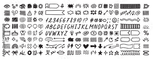 Scribble doodle elements set, paint underline children marker scratch, vector pen squiggle kit collection. Kids hand drawn abstract sketch, alphabet, texture, icons, heart.