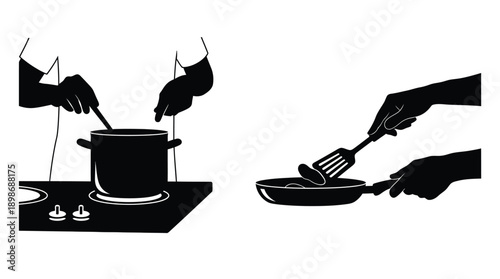Cooking scene with hands preparing food in a black silhouette