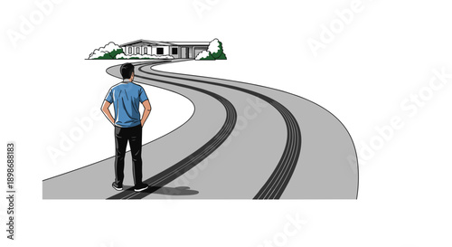 Man Standing on Road to House with Tire Marks - Dream of Homeownership, Frustration, isolated on transparent background. Housing Market Issues Illustration