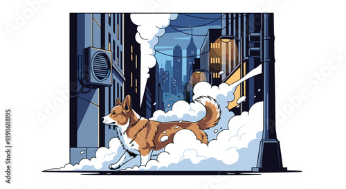 Playful Corgi Dog Running Through Bubbles in Cityscape Illustration, Joyful Companion, Cute Pet Concept, Vector Art, isolated on transparent background, stock graphic design.