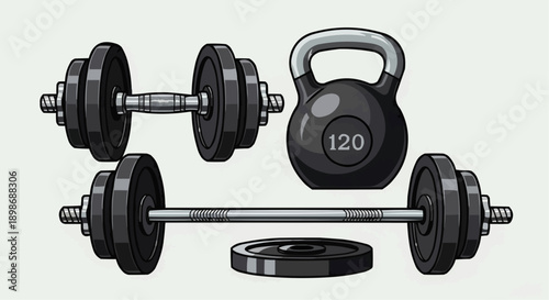 A set of fitness equipment including dumbbells, barbell, kettlebell, and weight plates arranged in a gym setting from a straightforward viewpoint.