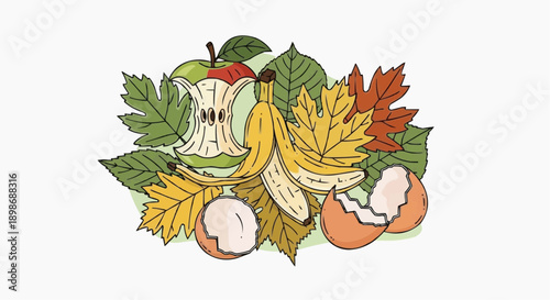 Assorted autumnal fruits and leaves arranged in a vibrant illustration, showcasing seasonal harvest from a top-down viewpoint, referencing img_65yx94_fx