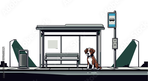 Sad Dog Waiting at Bus Stop Vector Illustration, Puppy Alone, Transport Concept. Cartoon Style Graphic with Cute Animal, Isolated on transparent background.