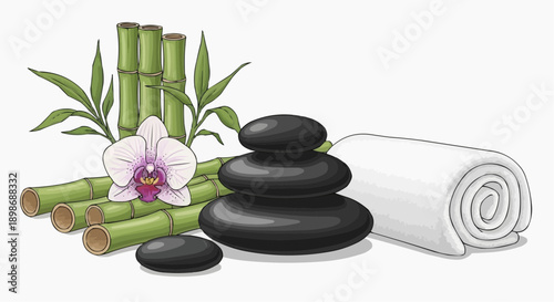 Serene spa scene with stones, orchid, and bamboo shoots on a clean surface, viewed from directly above, featuring a rolled towel and illustration elements.