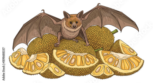 Cartoon Bat Guarding Pile of Tropical Jackfruit Harvest Isolated on Transparent Background. Funny Animal Character Vector Graphic Element for Halloween Designs and Asian Food Concepts