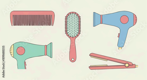 Collection of hair care tools including hairdryers, brush, comb, and straightener arranged neatly on a surface, viewed from directly above
