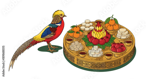 Golden Pheasant & Tết Feast Illustration, Traditional Vietnamese New Year, Lunar Holiday Celebration, Isolated on Transparent Background - Cultural Heritage Design Element