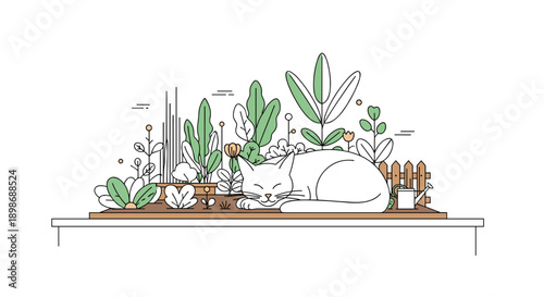 Peaceful White Cat Sleeping in Garden Vector Illustration, Cute Pet Napping Among Green Plants, Flowers and Watering Can, isolated on transparent background for digital design.
