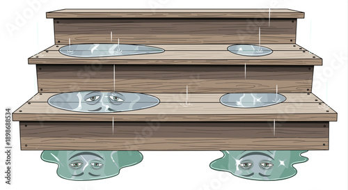 Weathered Wooden Staircase with Water Puddles and Human Face Reflections, Cartoon Style Representing Discomfort and Repair Needs, isolated on transparent background.