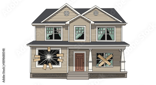 Damaged Suburban House Vector Illustration: Broken Window, Home Repair Needed, Weather Damage Concept, Isolated on transparent background for easy design integration.