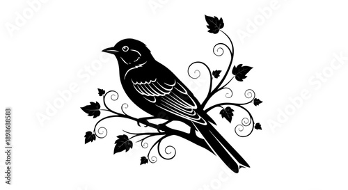 A cute cartoon bullfinch with a red beak sits on a winter tree branch in this nature vector illustration featuring a wild bird silhouette and artistic wing design