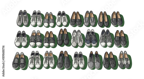 Footwear Collection Vector: Assorted Casual Shoes Seamless Pattern, Style Guide, Isolated on transparent background, for Fashion Design and Retail Mockups