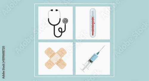 Medical icons collage featuring stethoscope thermometer bandages syringe on a light background viewed from directly above