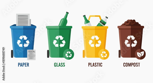 Recycling bins for paper glass plastic and compost waste management illustration