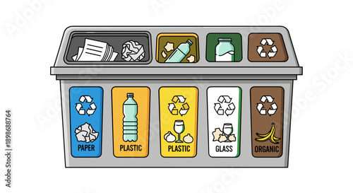 Recycling Bin Vector Graphic: Colorful Segregated Waste Container for Paper, Plastic, Glass, Organic - Environmental Awareness Concept, isolated on transparent background