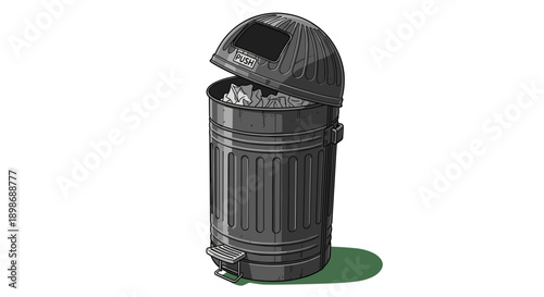 Overstuffed Metal Trash Can with Foot Pedal, Illustrative Waste Management Concept, Environmental Awareness, isolated on transparent background for easy placement