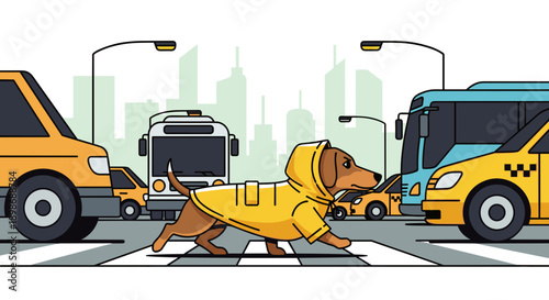 Cartoon Dachshund in Raincoat Crossing City Street: Humorous Vector Illustration of Dog Walking Near Traffic, isolated on transparent background, for Urban Animal Designs