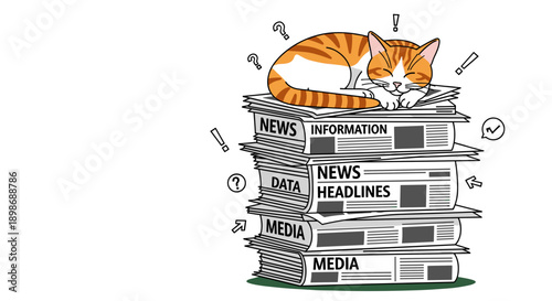 Cartoon Cat Nap on News: Editorial Illustration of Cute Orange Cat Sleeping Peacefully Atop Stack of Newspapers, Isolated on transparent background for Media Use, Print & Design.