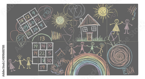 Chalk Drawings on Slate Background: Childlike Joy, Rainbow, House, isolated on transparent background. Back to School Doodle Art, Kids Activities, Education