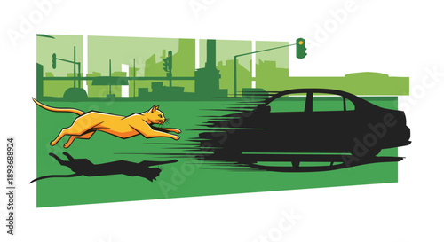 Cat Running Dangerously Across City Street, Near Car, High Speed Risk, Pet Safety Illustration, Avoid Accident, isolated on transparent background.